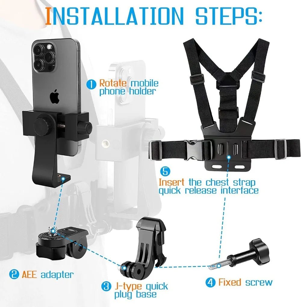 1 PC Adjustable Phone Clip Holder With Chest Strap Fixation Bracket for Sport Camera Mobile Phone Camera Black Holder Accessory - Checkouts UK
