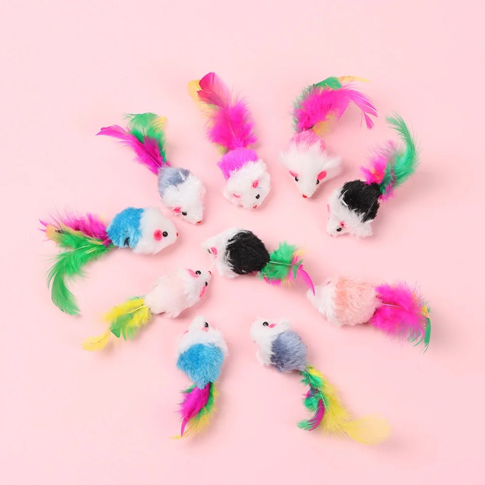10 Pcs New Plush Cat Mouse Toys Mice Rattle Set Interactive Pet Toy for Kittens Assorted Catnip Toys with Colorful Feather Tail - Checkouts UK