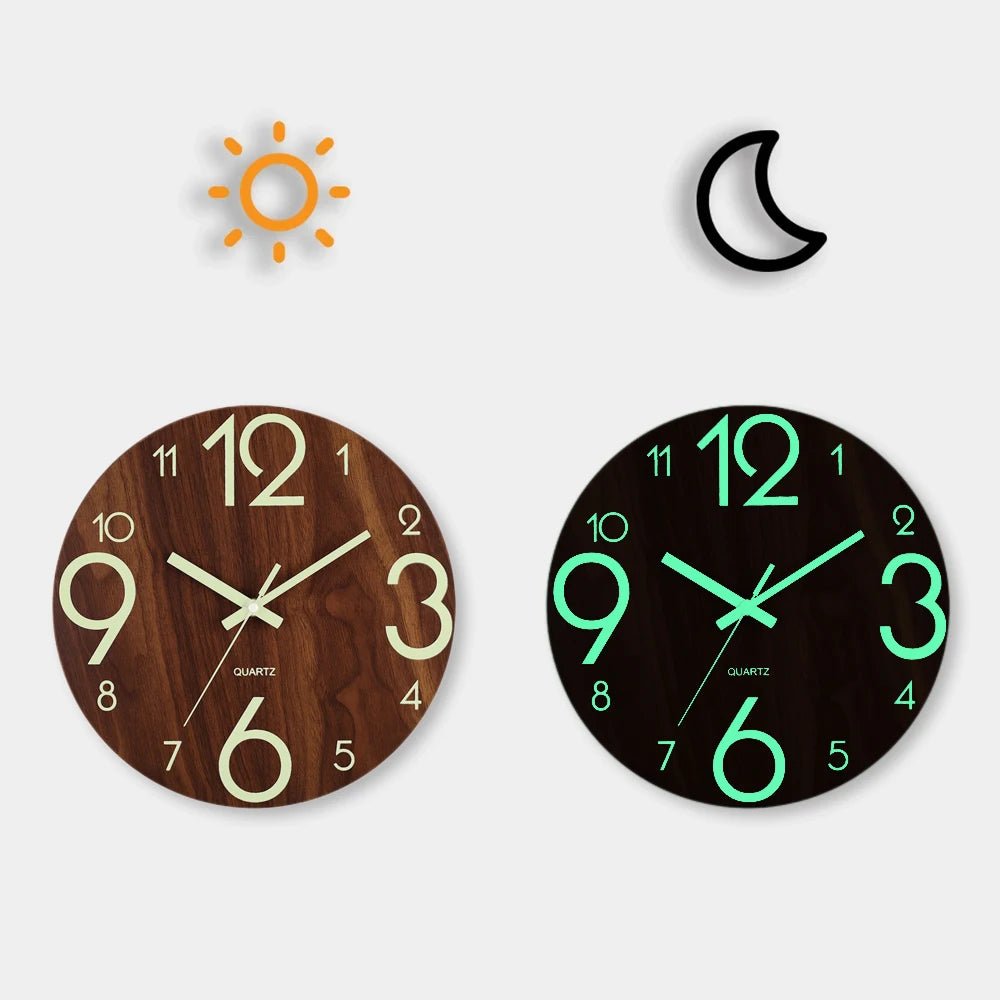 12 Inch Luminous Wall Clock Wood Silent light in dark night Nordic Fashion Wall Clock Non Ticking Clock With Night Light - Checkouts UK