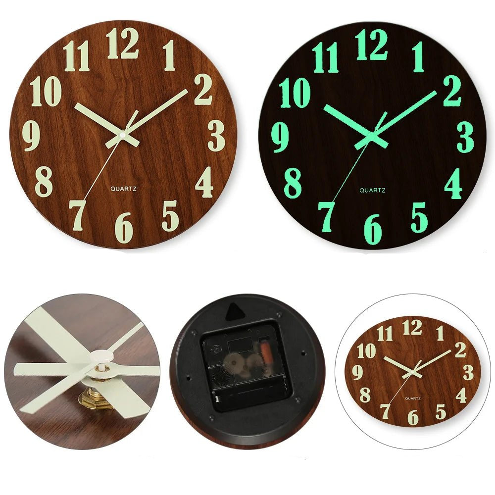 12 Inch Luminous Wall Clock Wood Silent light in dark night Nordic Fashion Wall Clock Non Ticking Clock With Night Light - Checkouts UK