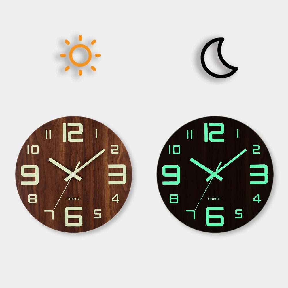 12 Inch Luminous Wall Clock Wood Silent light in dark night Nordic Fashion Wall Clock Non Ticking Clock With Night Light - Checkouts UK