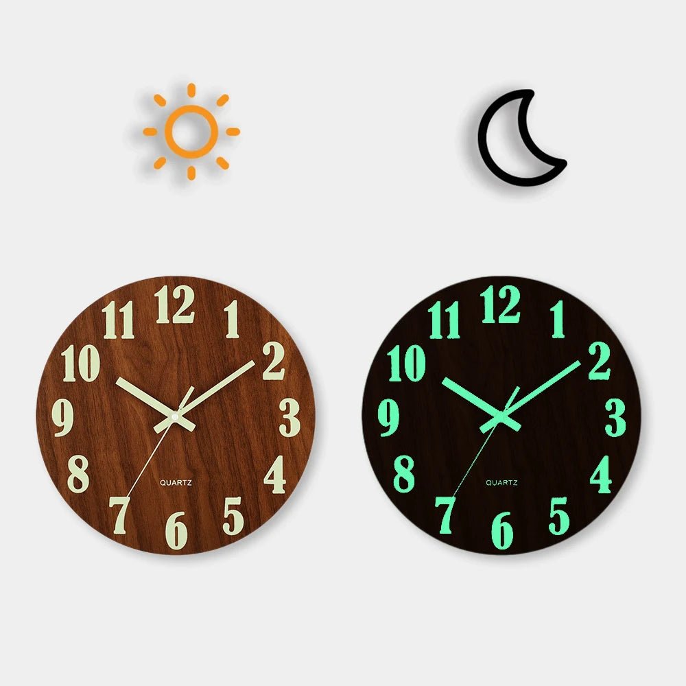 12 Inch Luminous Wall Clock Wood Silent light in dark night Nordic Fashion Wall Clock Non Ticking Clock With Night Light - Checkouts UK