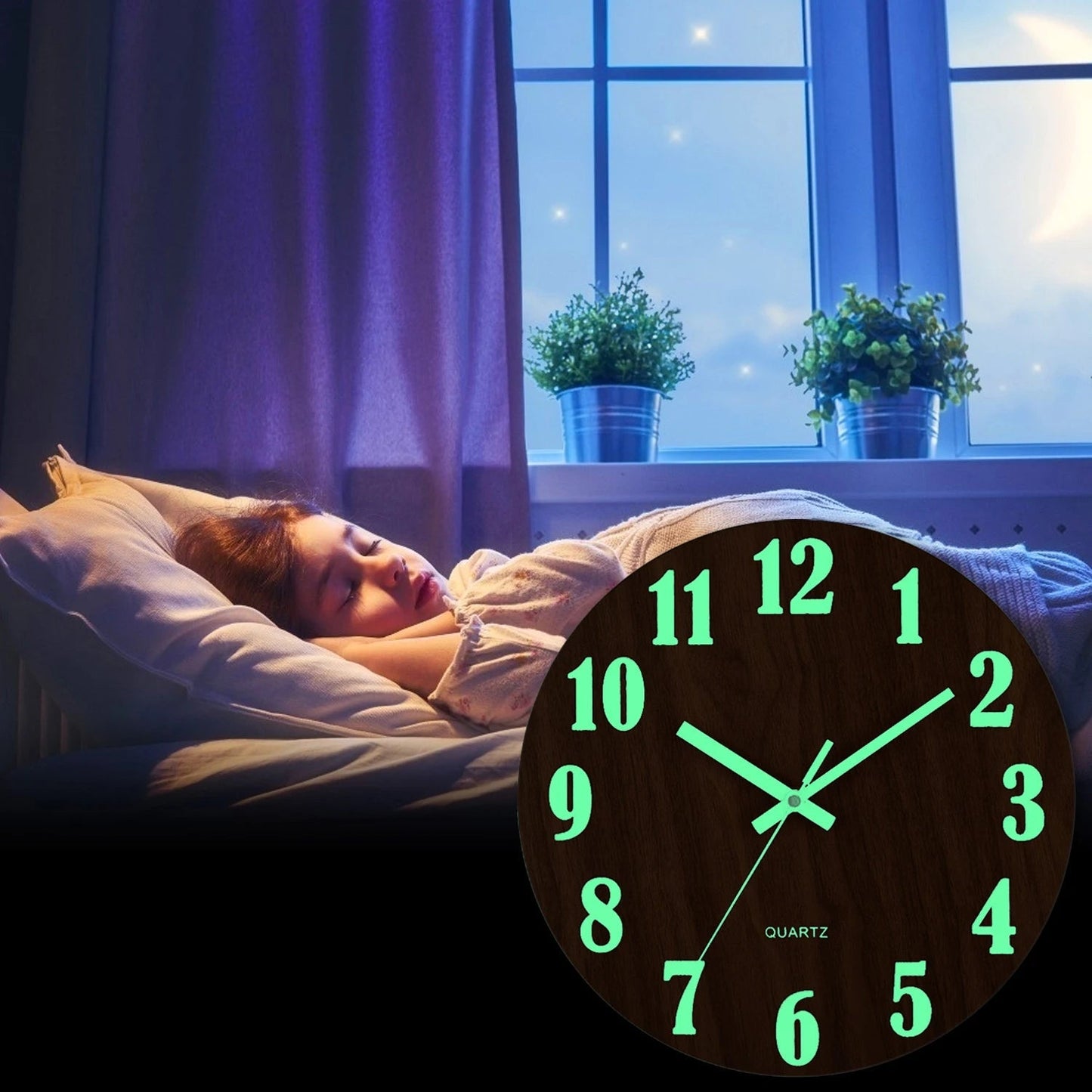 12 Inch Luminous Wall Clock Wood Silent light in dark night Nordic Fashion Wall Clock Non Ticking Clock With Night Light - Checkouts UK