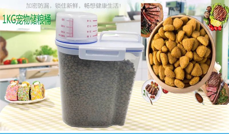 1.5kg/2kg Dog Cat Food Pail Plastic Storage Tank with Measuring Cup Container Moisture - proof Sealed Jar Pet Supplies Accessories - Furbury