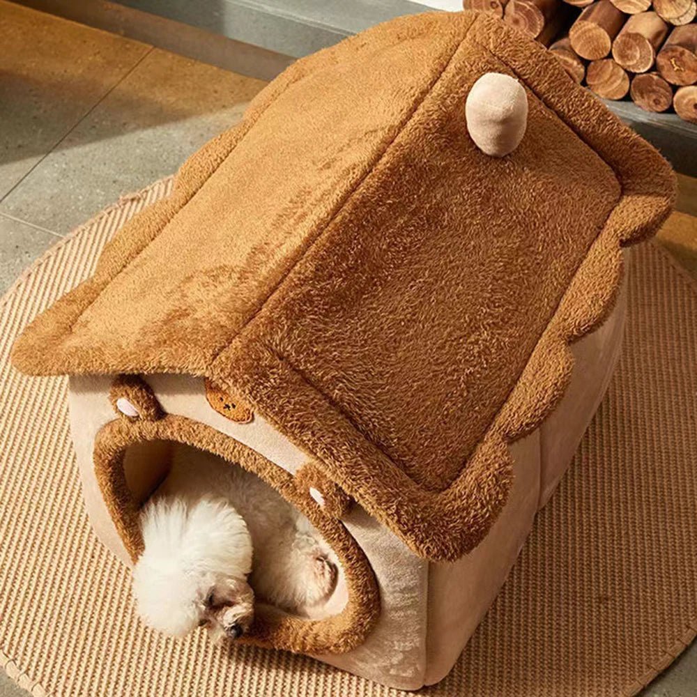 1PC Four Season Universal Enclosed Pet Bed, Wrapped Cat Bed, Dog Bed, Brown Teddy Bear Style Bed - Checkouts UK