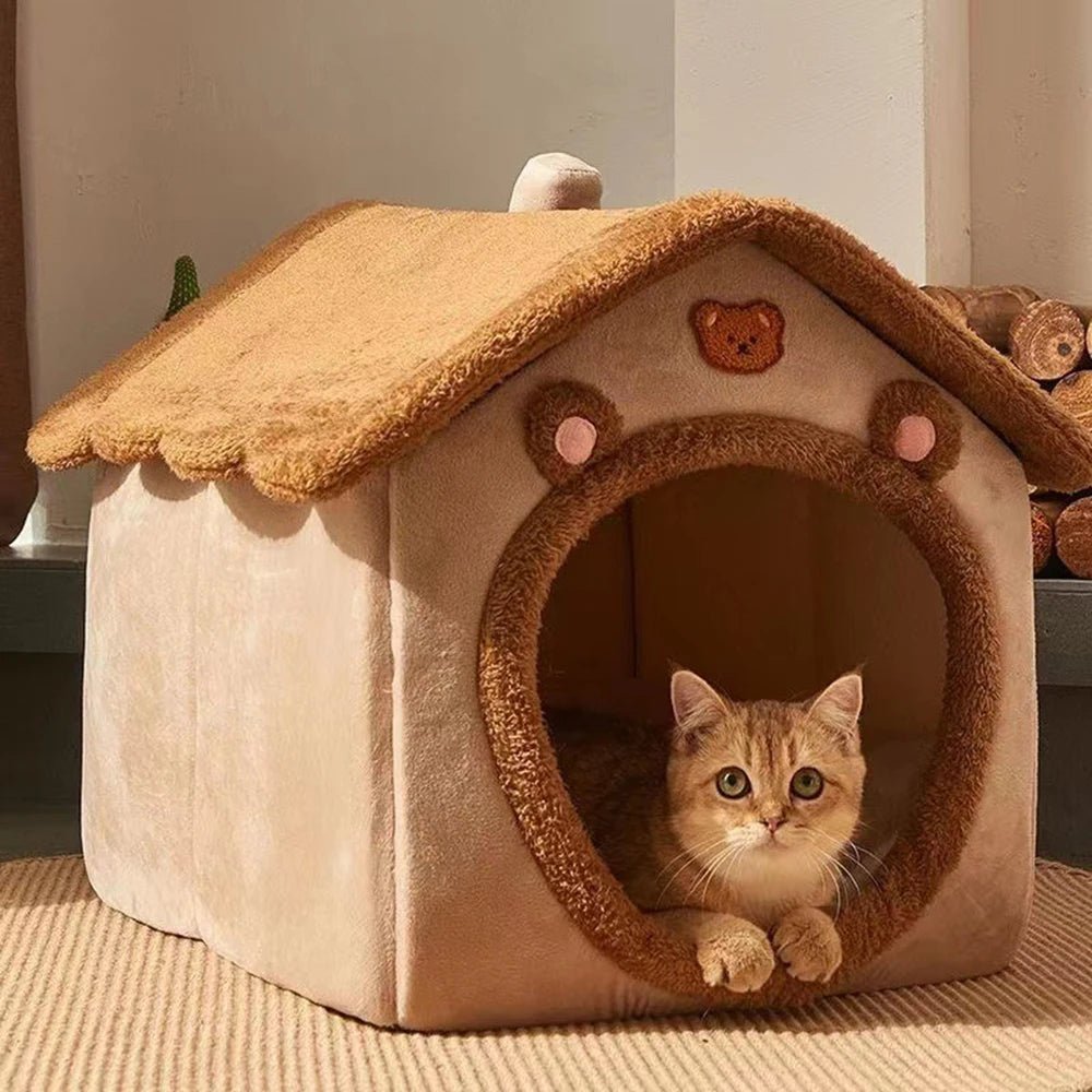 1PC Four Season Universal Enclosed Pet Bed, Wrapped Cat Bed, Dog Bed, Brown Teddy Bear Style Bed - Checkouts UK