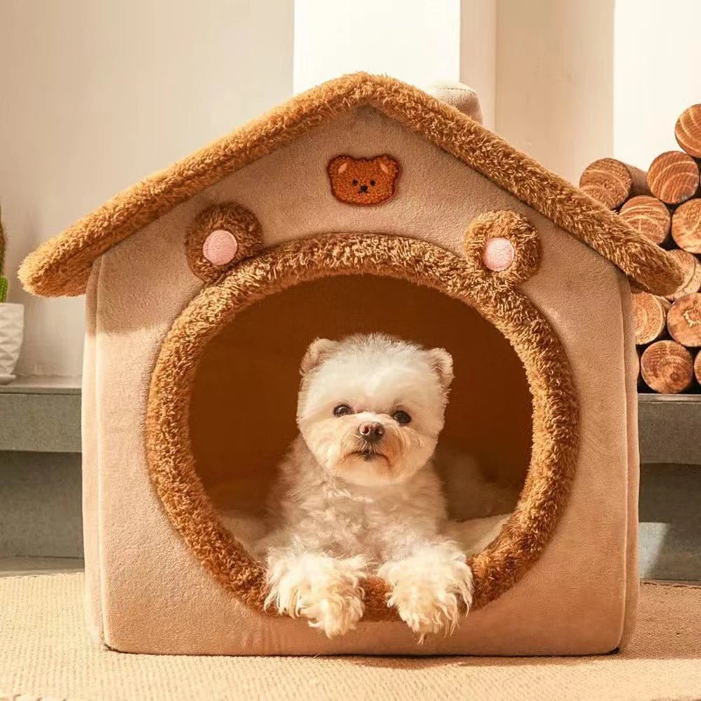 1PC Four Season Universal Enclosed Pet Bed, Wrapped Cat Bed, Dog Bed, Brown Teddy Bear Style Bed - Checkouts UK
