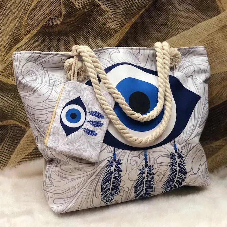 1pcs Evil Eye Women's Beach Bag Polyester Large Capacity Tote Shoulder Bag Customizable Logo Seaside Travel Bag - Checkouts UK