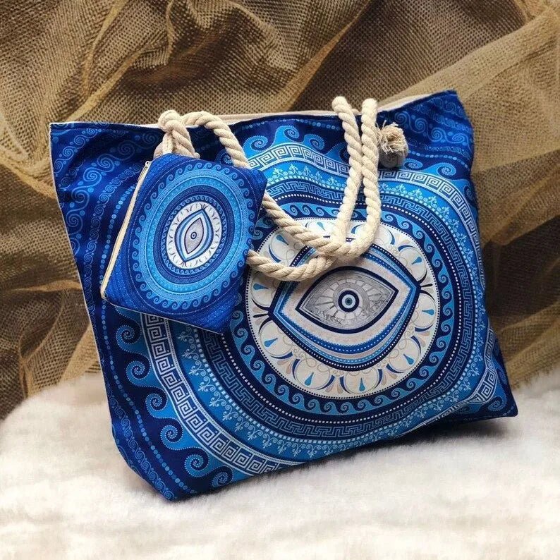 1pcs Evil Eye Women's Beach Bag Polyester Large Capacity Tote Shoulder Bag Customizable Logo Seaside Travel Bag - Checkouts UK