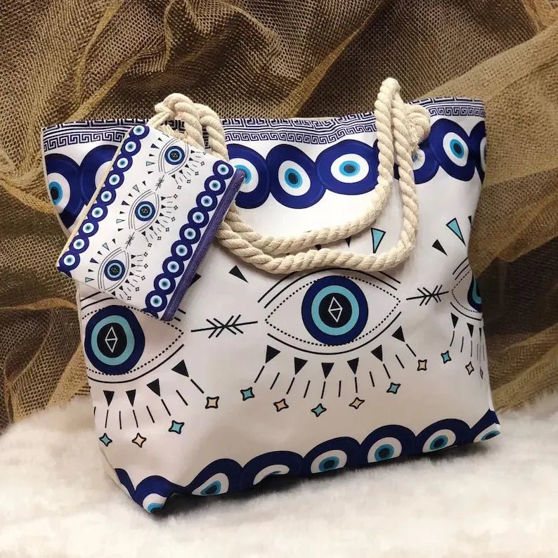 1pcs Evil Eye Women's Beach Bag Polyester Large Capacity Tote Shoulder Bag Customizable Logo Seaside Travel Bag - Checkouts UK