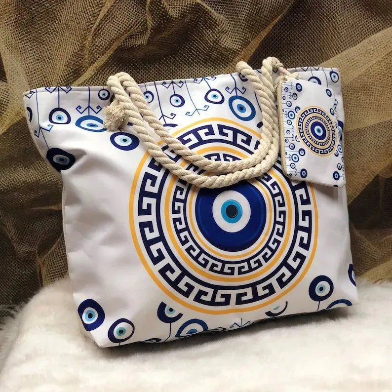 1pcs Evil Eye Women's Beach Bag Polyester Large Capacity Tote Shoulder Bag Customizable Logo Seaside Travel Bag - Checkouts UK