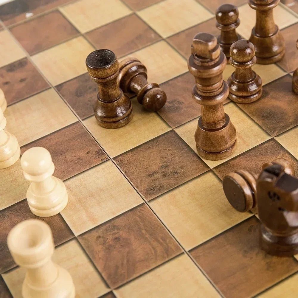 3 in 1 Chess Board Folding Wooden Portable Chess Game Board Wooden Chess Board for Adults(Chess + Checkers and Backgammon) - Checkouts UK