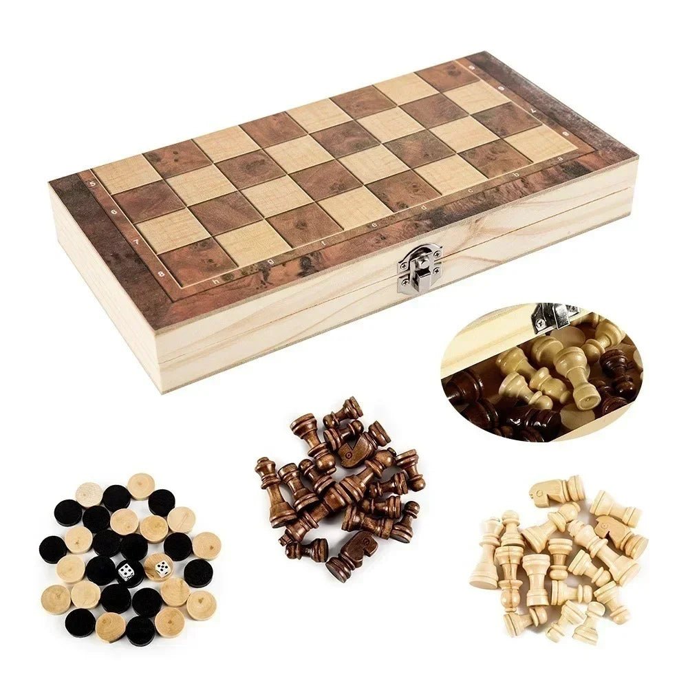 3 in 1 Chess Board Folding Wooden Portable Chess Game Board Wooden Chess Board for Adults(Chess + Checkers and Backgammon) - Checkouts UK