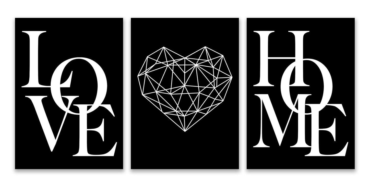 3pcs Love Home Diamond Heart Letter Canvas Prints Nordic Modern Living Room Wall Art Black White Decorative Paintings Home Decor - Checkouts UK