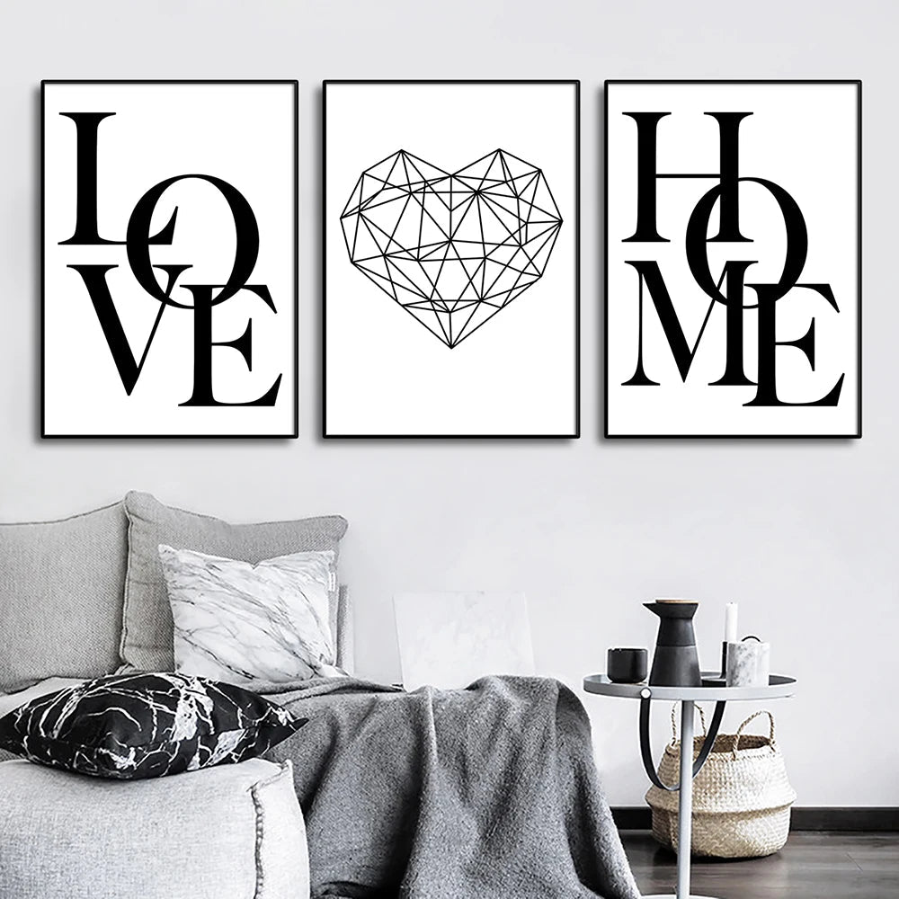 3pcs Love Home Diamond Heart Letter Canvas Prints Nordic Modern Living Room Wall Art Black White Decorative Paintings Home Decor - Checkouts UK
