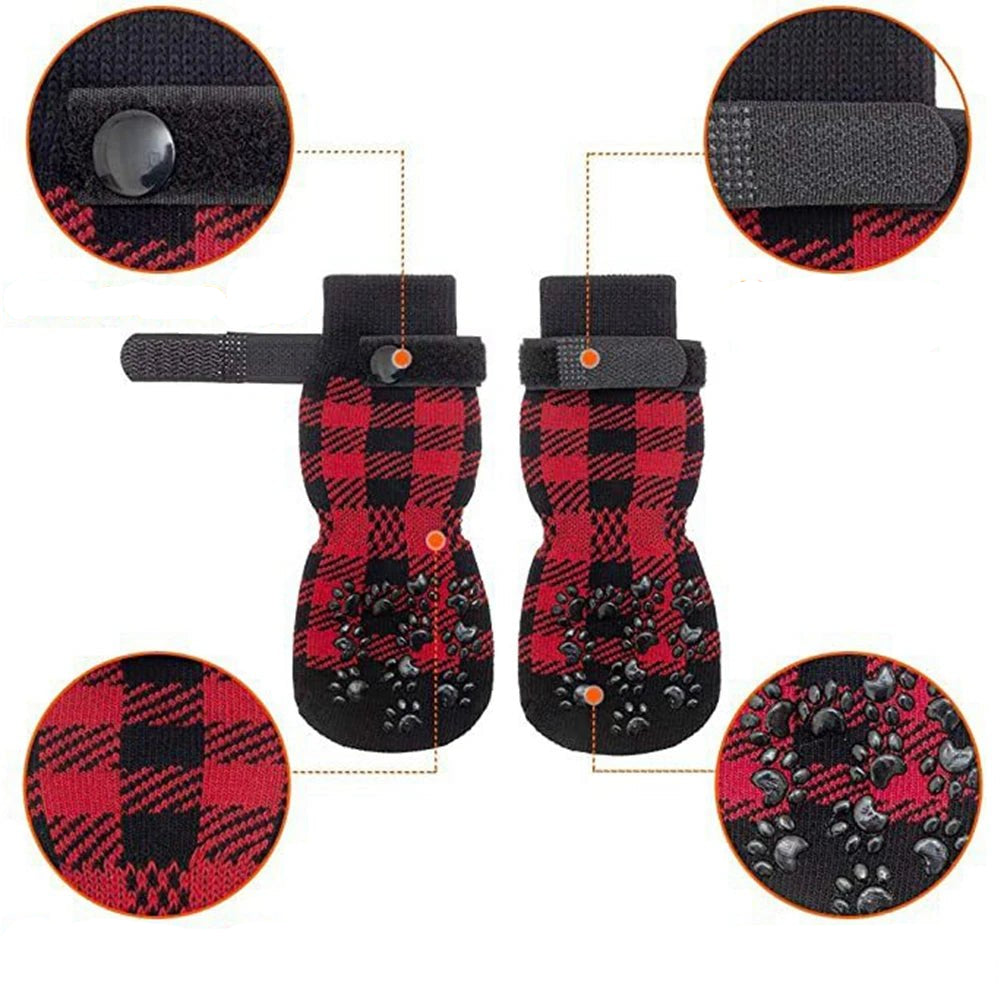 Anti - Slip Dog Socks 4pcs Paw Protector Traction Control Adjustable Indoor Wear Knitted Pet Socks with Rubber Reinforcement - Checkouts UK