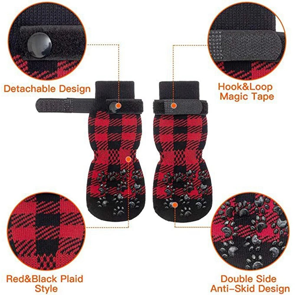 Anti - Slip Dog Socks 4pcs Paw Protector Traction Control Adjustable Indoor Wear Knitted Pet Socks with Rubber Reinforcement - Checkouts UK