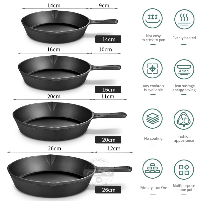 Cast Iron Frying Pan,14/16/20cm Non - stick Skillet Kitchen Fry Pot Breakfast Pan Omelette Pancake Pot Induction Cooking Cookware - Checkouts UK