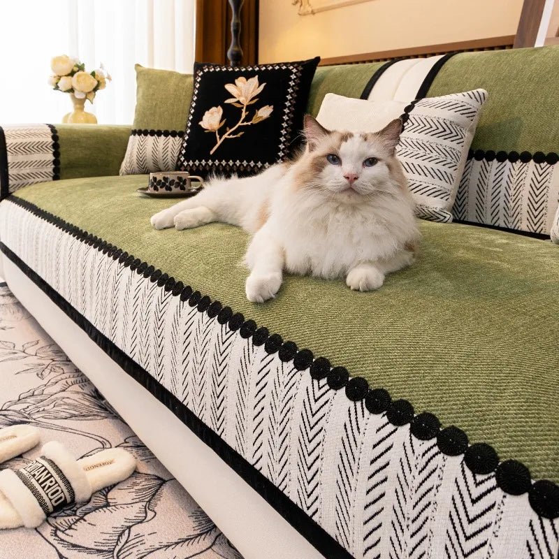 Contrast Hem Twill Chenille Sofa Cover for All Seasons Living Room Non - slip Sofa Seat Cover Couch Slipcover, Sofa Towel - Checkouts UK