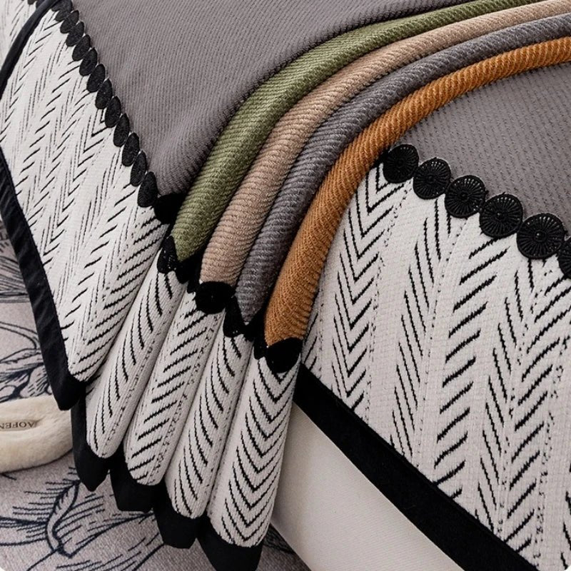 Contrast Hem Twill Chenille Sofa Cover for All Seasons Living Room Non - slip Sofa Seat Cover Couch Slipcover, Sofa Towel - Checkouts UK