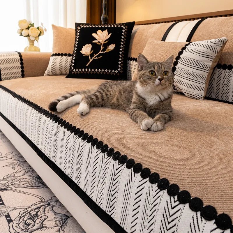Contrast Hem Twill Chenille Sofa Cover for All Seasons Living Room Non - slip Sofa Seat Cover Couch Slipcover, Sofa Towel - Checkouts UK