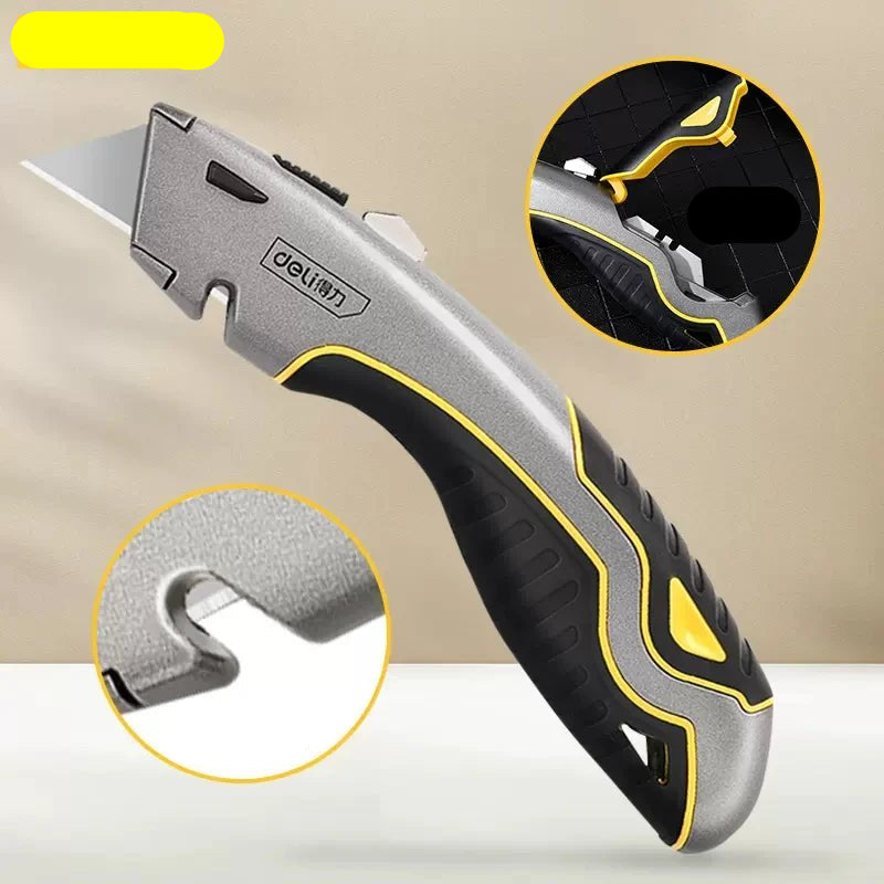 Deli Zinc Alloy Utility Knife, Box Cutter Heavy Duty Retractable for Cartons Cardboard and Boxes with Blade Storage Design - Checkouts UK
