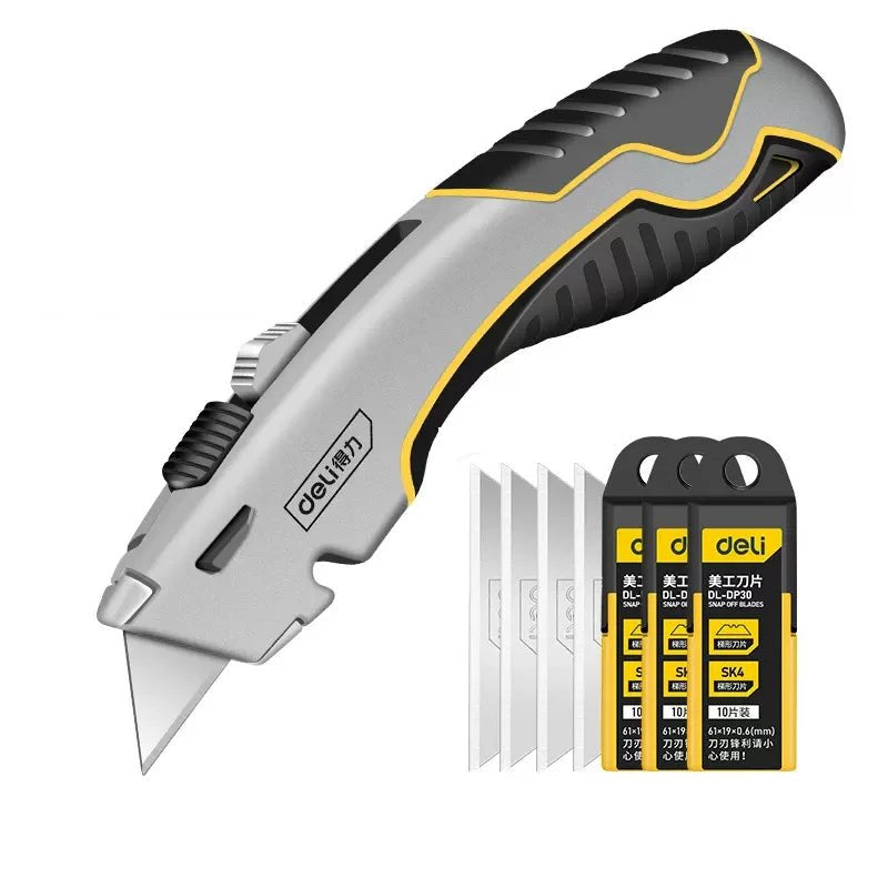 Deli Zinc Alloy Utility Knife, Box Cutter Heavy Duty Retractable for Cartons Cardboard and Boxes with Blade Storage Design - Checkouts UK