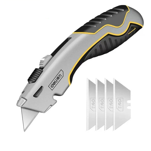 Deli Zinc Alloy Utility Knife, Box Cutter Heavy Duty Retractable for Cartons Cardboard and Boxes with Blade Storage Design - Checkouts UK