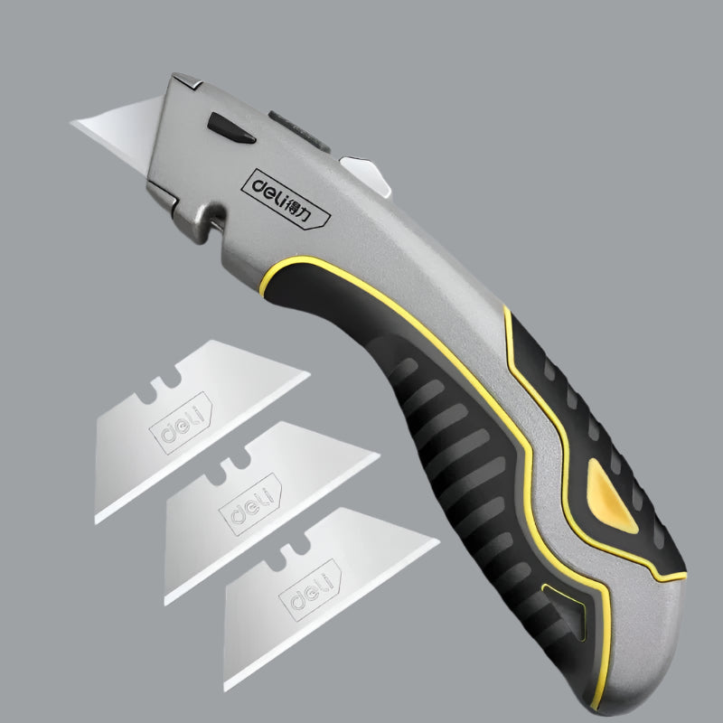 Deli Zinc Alloy Utility Knife, Box Cutter Heavy Duty Retractable for Cartons Cardboard and Boxes with Blade Storage Design - Checkouts UK