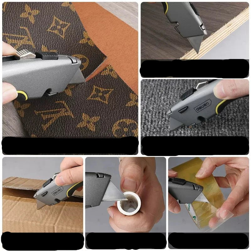 Deli Zinc Alloy Utility Knife, Box Cutter Heavy Duty Retractable for Cartons Cardboard and Boxes with Blade Storage Design - Checkouts UK