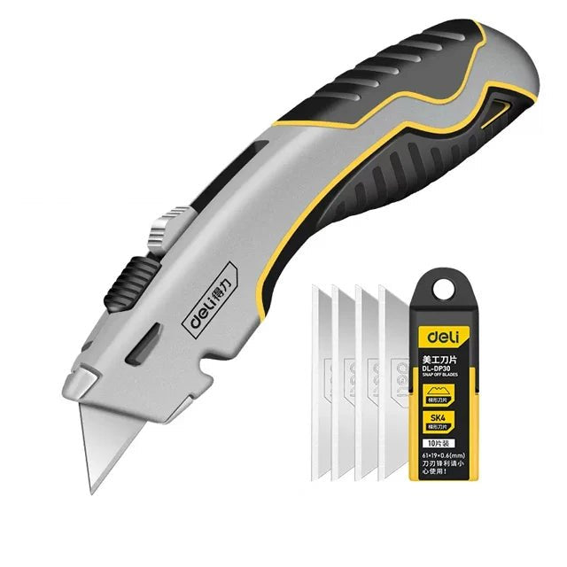 Deli Zinc Alloy Utility Knife, Box Cutter Heavy Duty Retractable for Cartons Cardboard and Boxes with Blade Storage Design - Checkouts UK