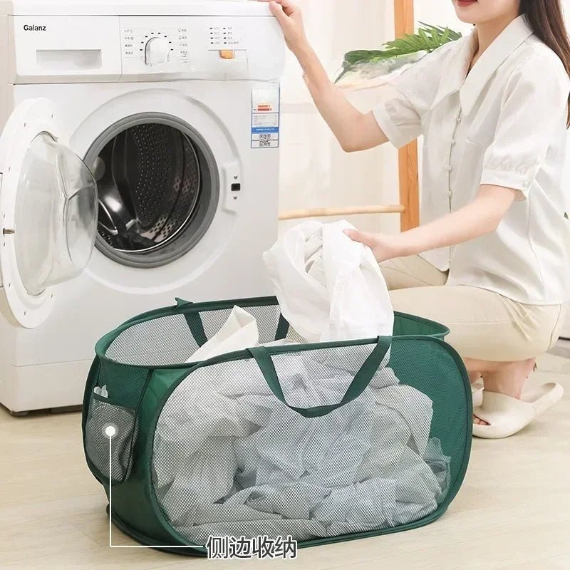 Durable Collapsible Laundry Basket, Mesh Pop Up Laundry Hamper With Side Pocket, Foldable Clothes Storage Hamper With Reinforced - Checkouts UK