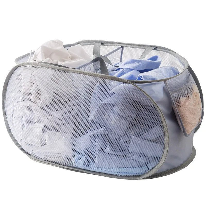Durable Collapsible Laundry Basket, Mesh Pop Up Laundry Hamper With Side Pocket, Foldable Clothes Storage Hamper With Reinforced - Checkouts UK