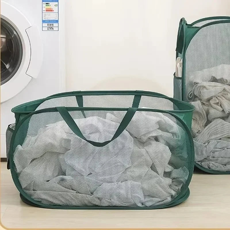 Durable Collapsible Laundry Basket, Mesh Pop Up Laundry Hamper With Side Pocket, Foldable Clothes Storage Hamper With Reinforced - Checkouts UK