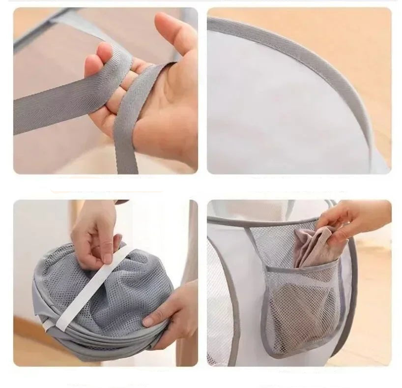Durable Collapsible Laundry Basket, Mesh Pop Up Laundry Hamper With Side Pocket, Foldable Clothes Storage Hamper With Reinforced - Checkouts UK