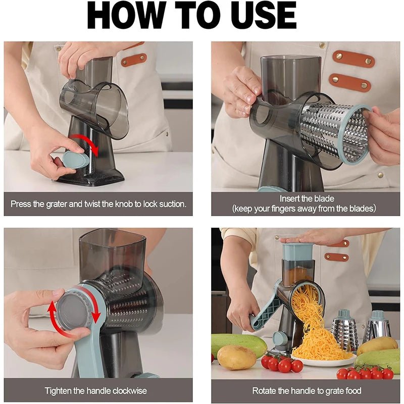 LMETJMA 3 in 1 Rotary Cheese Grater Versatile Manual Vegetable Slicer Peanut Nuts Grinder Cheese Vegetable Shredder Clear JT242 - Checkouts UK