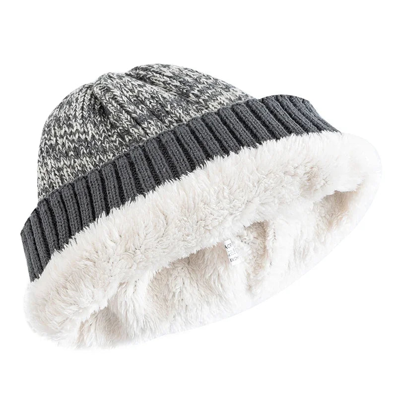 New Unisex Two - Tone Winter Hats Add Fur Lined Men And Women Fashion Warm Beanie Cap Casual Winter Knitted Hats - Checkouts UK