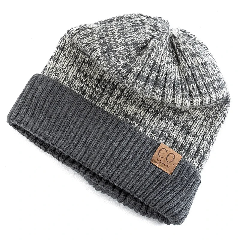 New Unisex Two - Tone Winter Hats Add Fur Lined Men And Women Fashion Warm Beanie Cap Casual Winter Knitted Hats - Checkouts UK