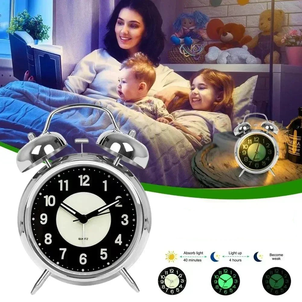 Super Loud Alarm Clock Metal Twin Bell Alarm Clock with Night Light Retro Bedside Clock Silent Table Desk Clocks for Home Bedroo - Checkouts UK