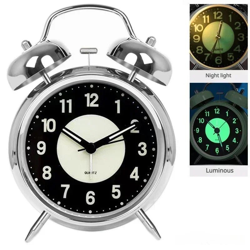 Super Loud Alarm Clock Metal Twin Bell Alarm Clock with Night Light Retro Bedside Clock Silent Table Desk Clocks for Home Bedroo - Checkouts UK