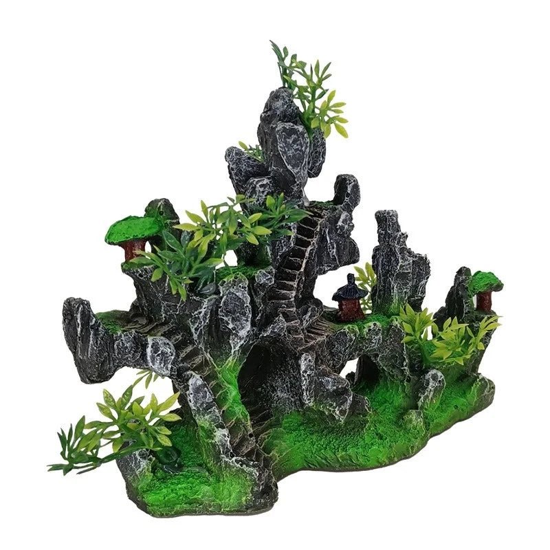 Wholesale Bulk 1Pcs NEW Aquarium Mountain Rockery Landscape View Decoration Hill Hanging Bridge View Ornament Resin Fish Tank Decoration Large - Furbury