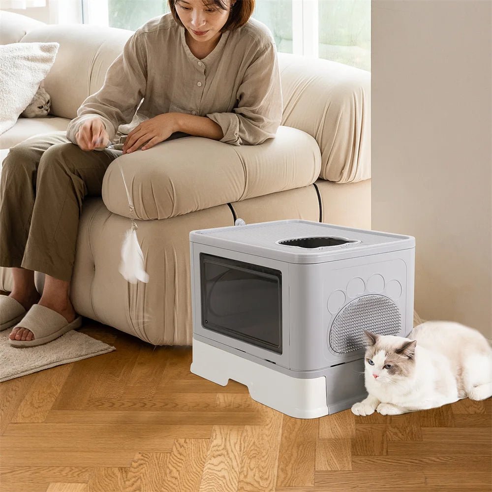 Wholesale Bulk Large Hooded Cat Litter Box Tray Drawer Type Pet Kitty Toilet Top Entry Anti - Splashing Enclosed Potty with Hair Grooming Scoop - Furbury
