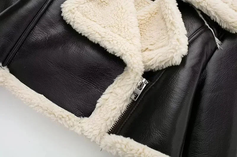 Winter Women Jacket Coats Faux Shearling Sheepskin Coat Retro Motorcycle Jacket Woman Jackets Outerwear Tops - Checkouts UK