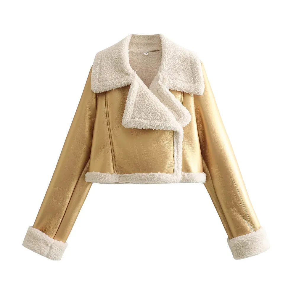 Winter Women Jacket Coats Faux Shearling Sheepskin Coat Retro Motorcycle Jacket Woman Jackets Outerwear Tops - Checkouts UK