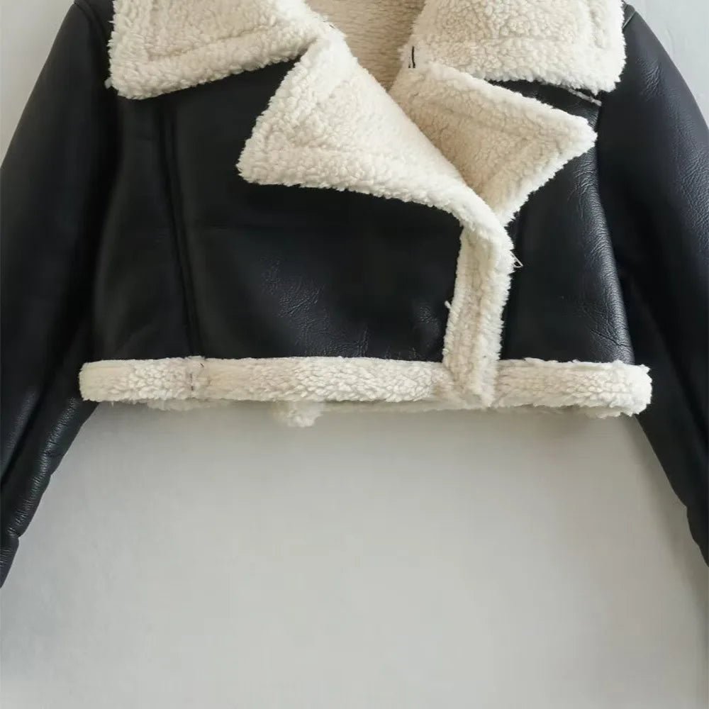 Winter Women Jacket Coats Faux Shearling Sheepskin Coat Retro Motorcycle Jacket Woman Jackets Outerwear Tops - Checkouts UK