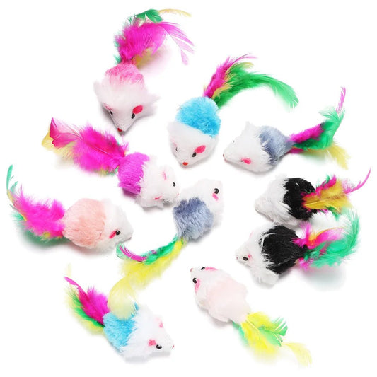10 Pcs New Plush Cat Mouse Toys Mice Rattle Set Interactive Pet Toy for Kittens Assorted Catnip Toys with Colorful Feather Tail - Checkouts UK