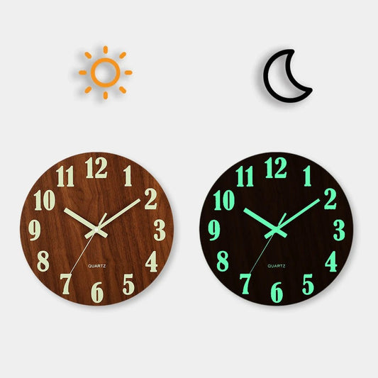 12 Inch Luminous Wall Clock Wood Silent light in dark night Nordic Fashion Wall Clock Non Ticking Clock With Night Light - Checkouts UK