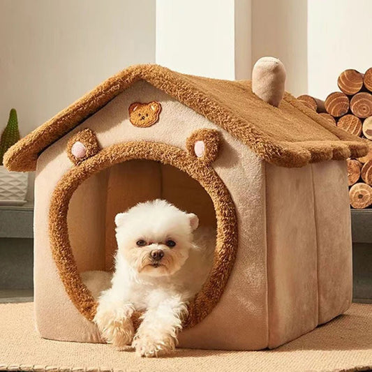 1PC Four Season Universal Enclosed Pet Bed, Wrapped Cat Bed, Dog Bed, Brown Teddy Bear Style Bed - Checkouts UK