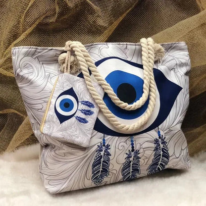 1pcs Evil Eye Women's Beach Bag Polyester Large Capacity Tote Shoulder Bag Customizable Logo Seaside Travel Bag - Checkouts UK