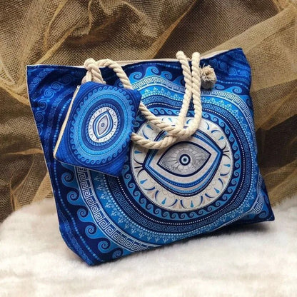 1pcs Evil Eye Women's Beach Bag Polyester Large Capacity Tote Shoulder Bag Customizable Logo Seaside Travel Bag - Checkouts UK